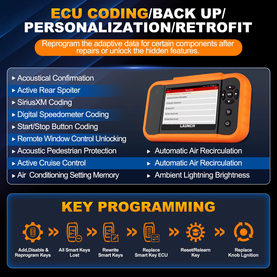 LAUNCH X431 Creader Elite 2.0 OBD2 Scanner mit bidirektionalem Scan-Tool und ECU-Codierung für BMW, Benz, VW, Audi, Maybach, Mini und Rolls-Royce in Orange - Bild 5