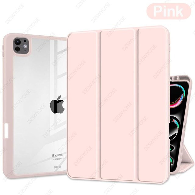 Premium iPad Pro 13 Zoll M5 M4 Schutzhülle mit Dreifach-Ständer und durchsichtiger Rückschale in Pink - Bild 1