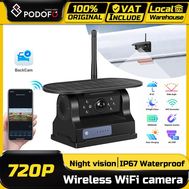 Podofo Kabellose WLAN-Rückfahrkamera mit Solarpanel, 720P HD, Infrarot-Nachtsicht, IP67 Wasserdicht und Magnetischem Design, Schwarz - Bild 1