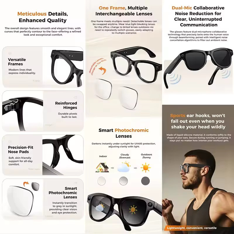 GUHUAVMI M02 Ultra Smart AI-Brille mit 1080P HD-Kamera, ChatGPT, 32GB Speicher und Ladecase Powerbank in Schwarz oder Blau - Bild 4