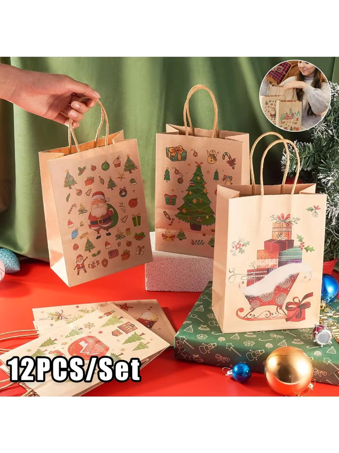 Bunte Weihnachtsabend-Geschenktüten aus natürlichem Kraftpapier mit Griffen für deine Feiertagsverpackungen - Bild 5