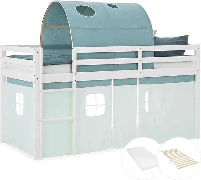 Homestyle4u Kinder Hochbett aus Kiefernholz mit Matratze, Lattenrost und Tunnel-Vorhang in Grün, B/T/H: 90 x 200 x 110 cm - Bild 1