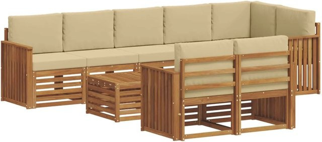 vidaXL Sofagarnitur 9-teilig aus Massivholz Akazie in Natur und Beige mit L-Form und Polsterkissen - Bild 1