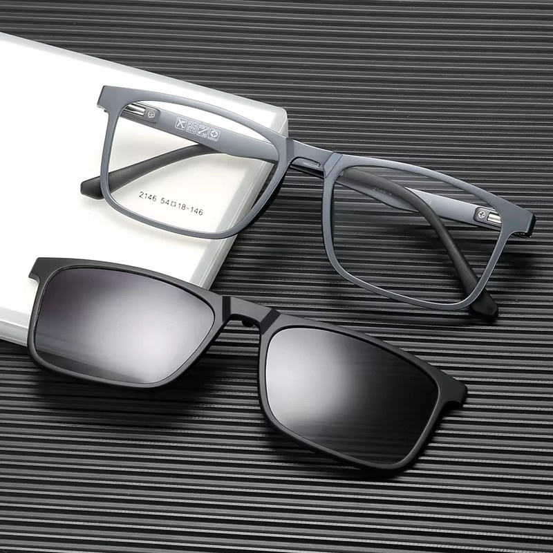 CLLOIO 2-in-1 Magnet-Clip-On Sonnenbrille, rechteckig, Vollrand, Herren, schwarz - Bild 4