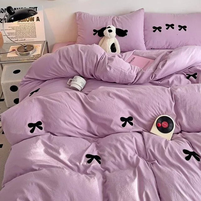 Bin Chi Textiles Bettwäsche Set Rosa mit 3D-Schleifen-Stickerei aus Baumwolle, B/H: 150 x 200 cm - Bild 1