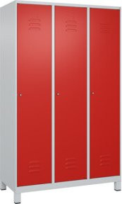 C+P Spind Classic PLUS Garderobenschrank mit 3 Abteilen, Füße, Zylinderschloss und 4 Garderobenhaken, Farbe: Lichtgrau/Verkehrsrot, H x B x T: 195 x 120 x 50 cm - Bild 1