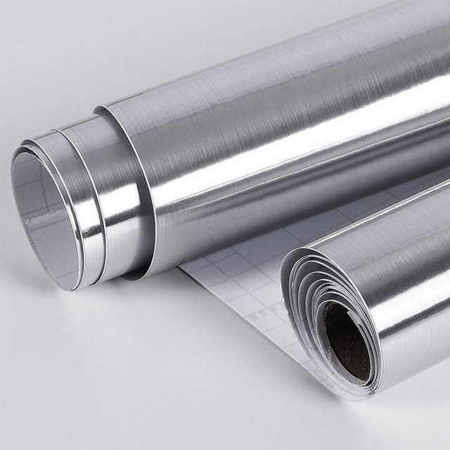 Wasserdichte Vinyl-Tapete in gebürsteter Edelstahl-Optik, Farbe: Silber, Breite: 40 cm - Bild 1