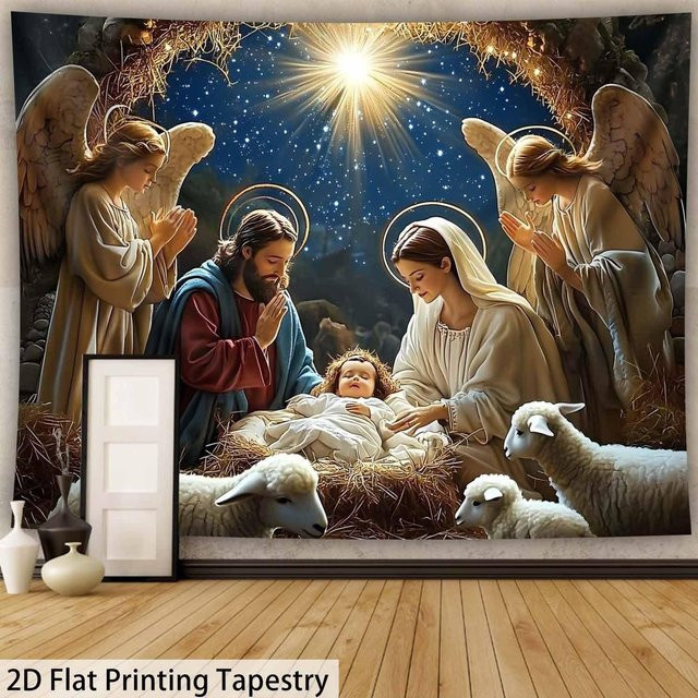 Religiöser Krippen-Wandteppich von JMG Household Supplies mit Maria, Josef und Baby Jesus in Mehrfarben, Breite: 130 cm, Höhe: 150 cm - Bild 1