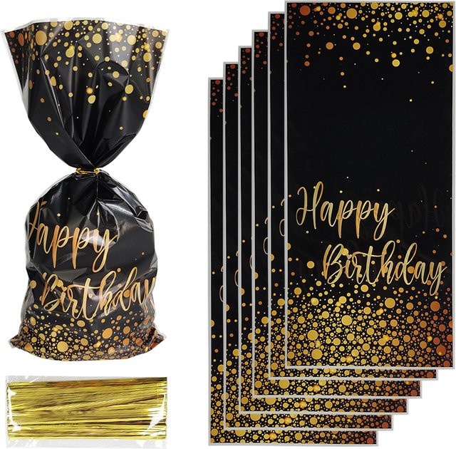 50 Stück Geschenkbeutel Gold Schwarz mit Punktmuster für Geburtstag und Süßigkeiten aus Kunststoff - Bild 1