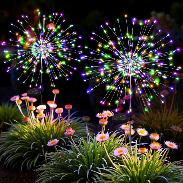 GHUSTAR 4er Set Solar-Gartenleuchten mit 200 RGB LED Feuerwerks-Effekt, wasserdichte Mehrfarben Außenbeleuchtung für Garten und Terrasse, Schwarz - Bild 1