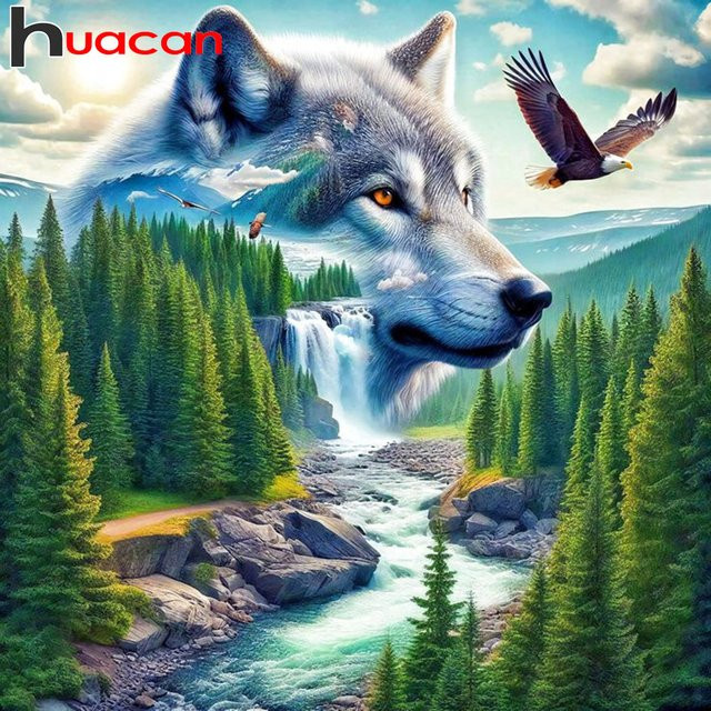 Huacan Diamond Painting Set Wolf im Wald als Mosaik-Tierlandschaft in Multicolor, B/H: 20 x 20 cm - Bild 1