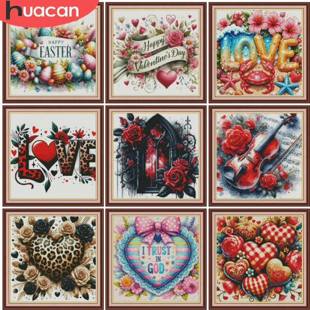 HUACAN 11er Set Stickerei-Sets Liebesherz-Landschaft mit Rosen-Blumen als Kreuzstich-Set für deine Handarbeit und Wanddekoration, Mehrfarbig, B/H: 30 x 30 cm - Bild 1