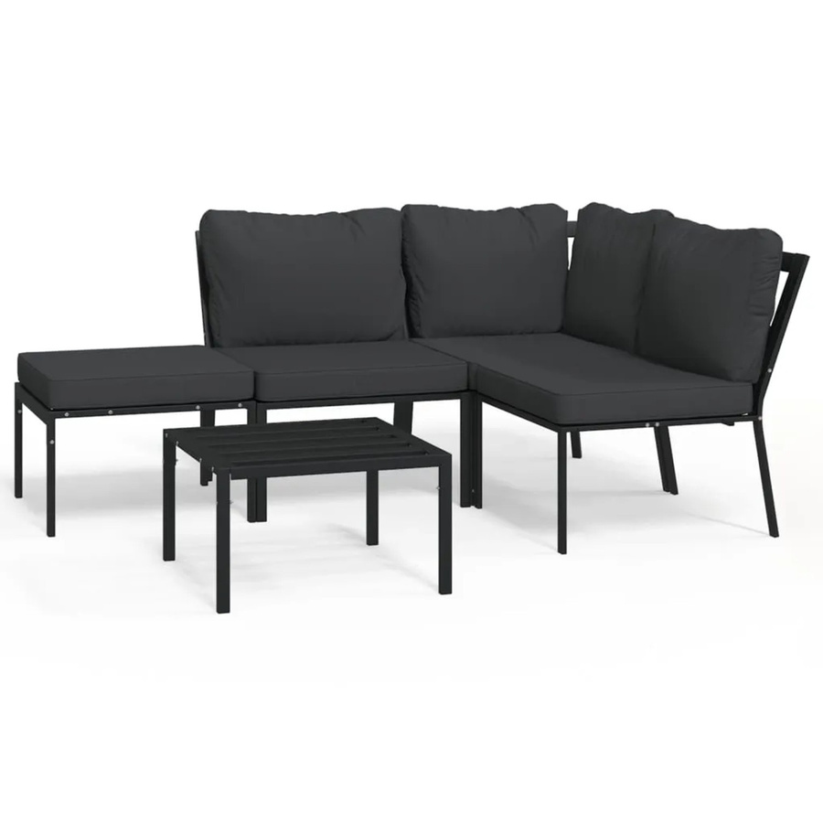 vidaXL 5-tlg Garten-Lounge-Set in L-Form mit grauen Polsterkissen aus Stoff und pulverbeschichtetem Stahlrahmen in Schwarz - Bild 2