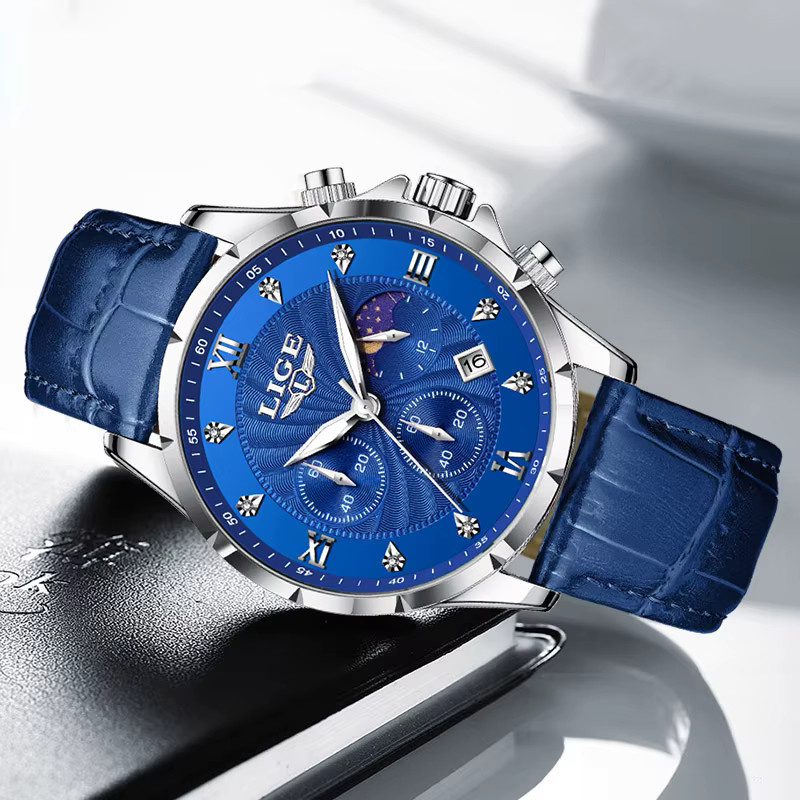 LIGE Armbanduhr, Quarz, Leder, Blau, Herren - Bild 2