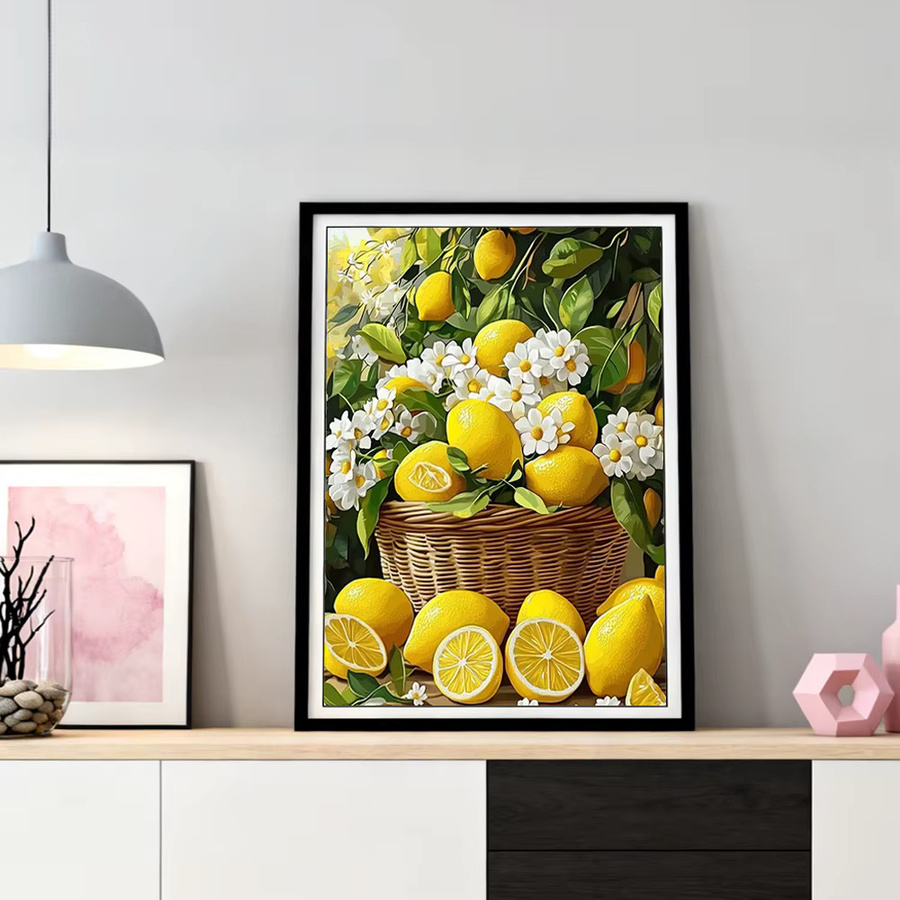 HUACAN Diamant-Mosaik Kunstwerk Zitronen-Frucht-Küchen-Landschaft in Mehrfarben, Rundes Tischdeko-Bild mit Blumen-Motiv, Durchmesser: 30 cm - Bild 2