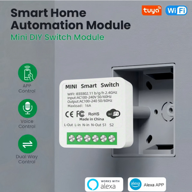 Tuya Mini 16A WiFi Smart Home Automatisierungsmodul für 2-Wege-Steuerung, weißes DIY-Schaltermodul kompatibel mit Alexa und Google Assistant via Smart Life App - Bild 1