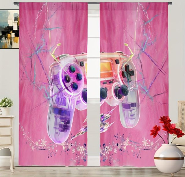 Gamer Vorhänge mit Graffiti-Gamepad-Motiv, 2er-Set, Farbe: Pink, Material: Polyester, semi-transparent, Breite: 100 cm, Höhe: 130 cm - Bild 1
