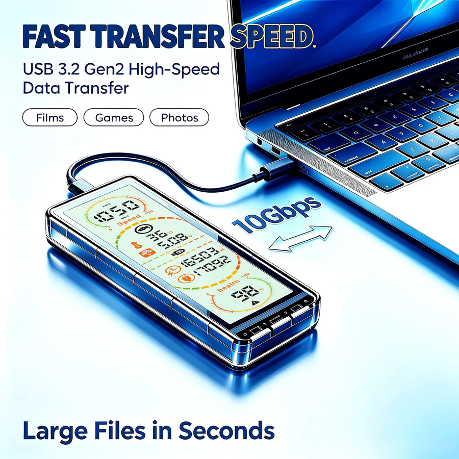 HSEN Transparentes M.2 SSD-Gehäuse mit Smart-Display, 10Gbps USB 3.2 Gen2 Typ-C, unterstützt NVMe und SATA Dual-Protokoll - Bild 3