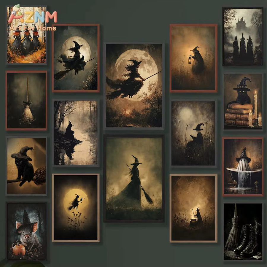 Dark Academia Wandkunst Kayou Poster mit schwarzer Katze und Hexe im Gothic-Stil, Vintage Leinwandgemälde für dein Wohnzimmer oder Schlafzimmer - Bild 2