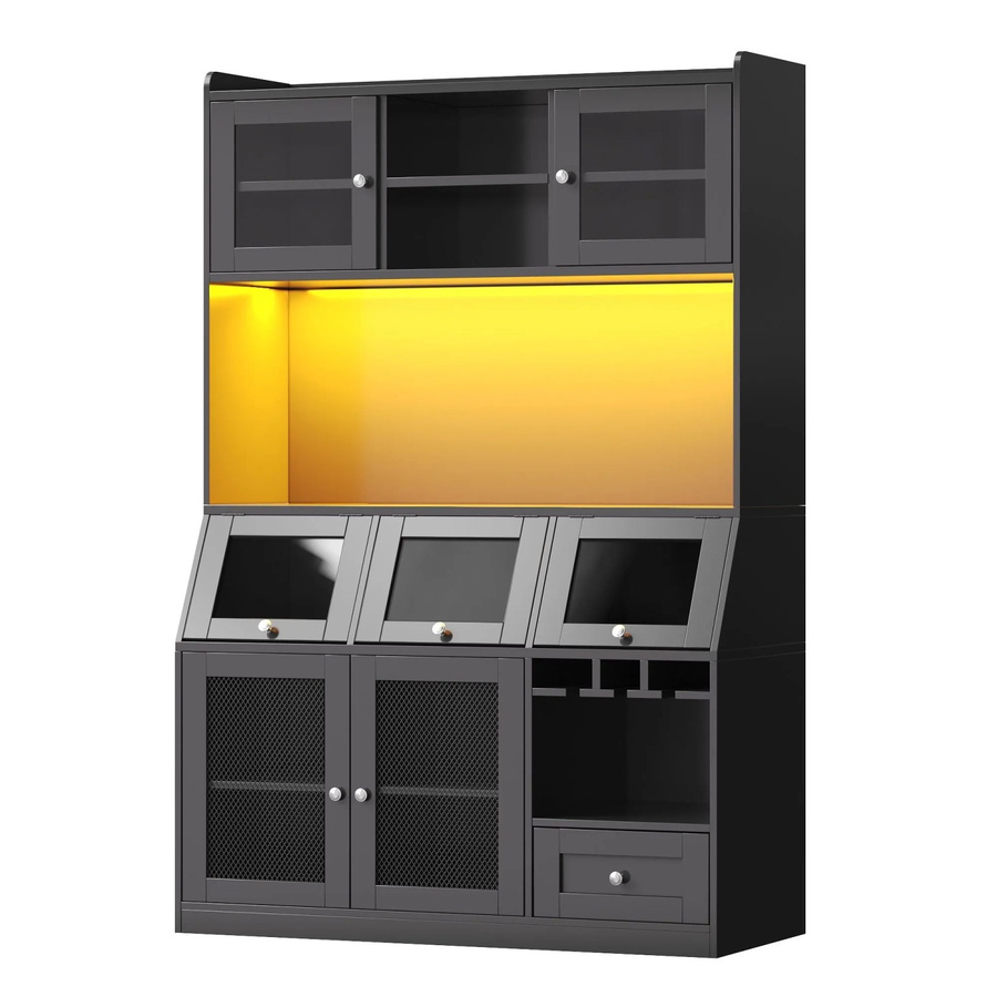 okwish Küchenschrank in Schwarz mit Glastüren, LED-Beleuchtung und USB-Anschluss, B/T/H: 120 x 40 x 181,7 cm - Bild 2