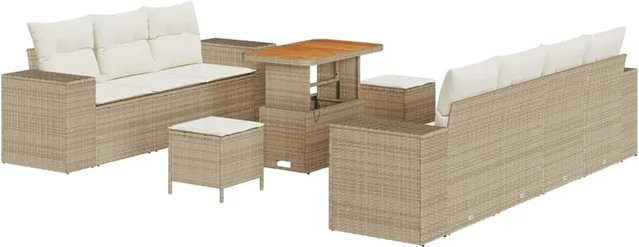 vidaXL Garten-Sofa-Set 10-teilig aus Poly Rattan und Akazienholz in Beige mit Polstern und Tisch - Bild 1