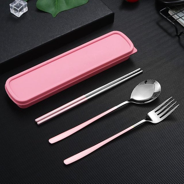 VEG HOME 4-teiliges Reisebesteck-Set aus 18/8 Edelstahl mit Etui, tragbares Utensilien-Set bestehend aus Gabel, Löffel und Essstäbchen in Rosa/Silber - Bild 1