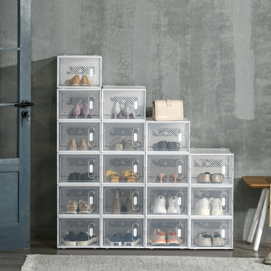 HOMCOM 18er Set Schuhboxen aus Kunststoff mit magnetischen Türen, Schuh-Organizer in Transparent und Weiß für Schuhe bis Größe 45 - Bild 2