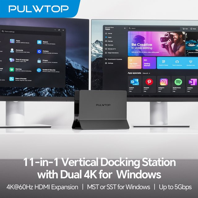 PULWTOP USB C Laptop-Dockingstation in Schwarz mit Dual-Monitor-Unterstützung, 2 HDMI 4K, USB A/C 10 Gbit/s, USB-A 5 Gbit/s und Ethernet für Typ-C-Laptops - Bild 1