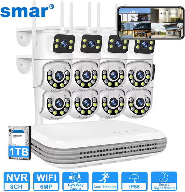Smar 6MP Dual-Objektiv IP-Kamera Set mit 8CH NVR, Drahtloses WLAN CCTV-System, PTZ Outdoor Sicherheitskamera mit Zwei-Wege-Audio, Farbe: Weiß - Bild 1
