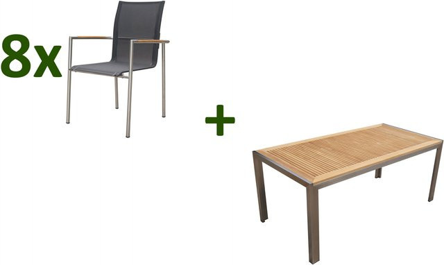 OUTFLEXX Garten-Essgruppe aus Teakholz, Edelstahl und Textilene in Natur/Anthrazit mit Tisch und 8 Diningsesseln, Tisch B: 180 cm, T: 90 cm, H: 90 cm - Bild 1