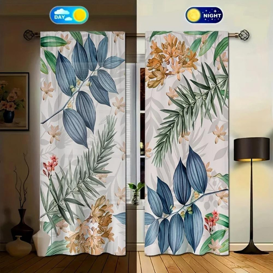 2er-Set Yiran Furniture Transparente Voile-Vorhänge mit Blätter-Blumenmuster, UV-beständig, B: 100 cm, H: 130 cm - Bild 2