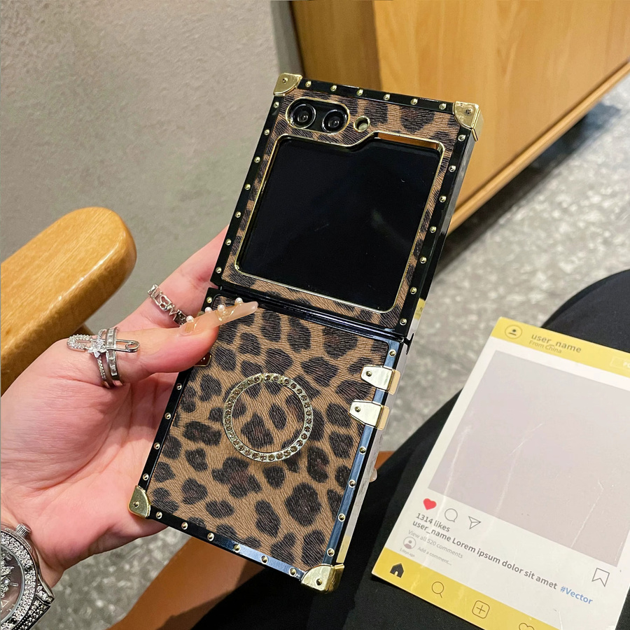 Premium Leder Handyhülle mit Leopardenmuster und Goldrahmen für Samsung Galaxy Z Flip 7 6 5 4 3 5G sowie Z Flip 7 FE in Braun und Multicolour mit Halterung - Bild 4