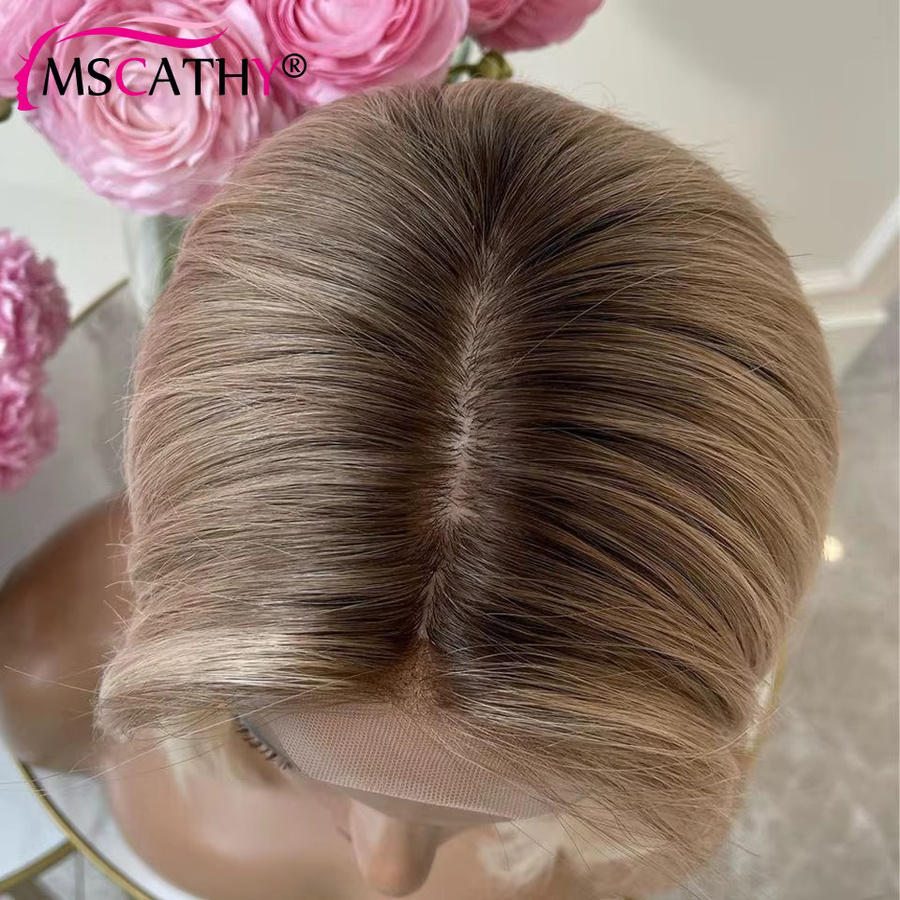 Mscathy Echthaar-Perücke, Aschblonde Ombre, kurzer Bob, HD-Spitze, Damen - Bild 2