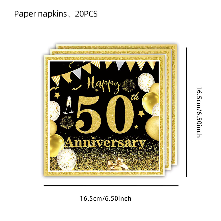 Party-Dekorationsset zum 50. Geburtstag in Schwarz-Gold mit Servietten, Pappbechern, Tischdecke und Tellern - Bild 4