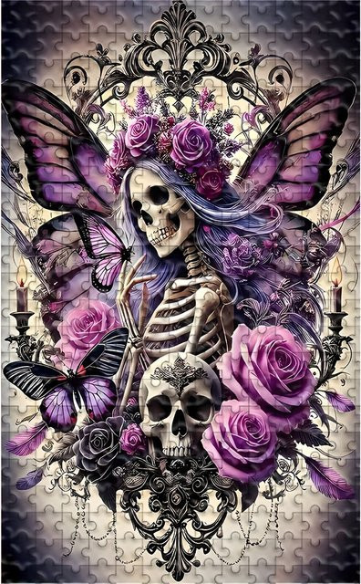 Challengi Puzzle, Totenkopf- und Rosen-Design, Lila, Schwarz - Bild 1