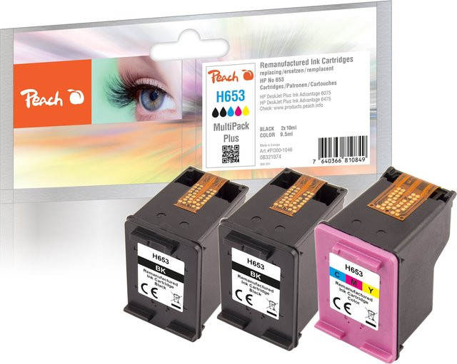 Peach HP 653 Tintenpatronen-Set refurbished, 3 Stück (2x Schwarz, 1x Multicolor), passend für HP DeskJet Plus Ink Advantage 6475 - Bild 1
