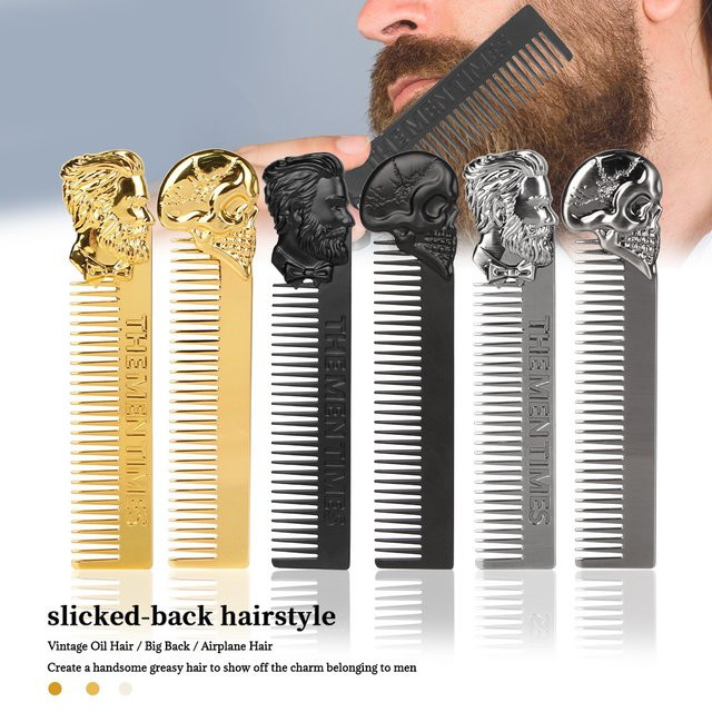 Vintage-Metallkamm für Herren, Totenkopf- und Bartdesign, Gold/Schwarz/Silber - Bild 1