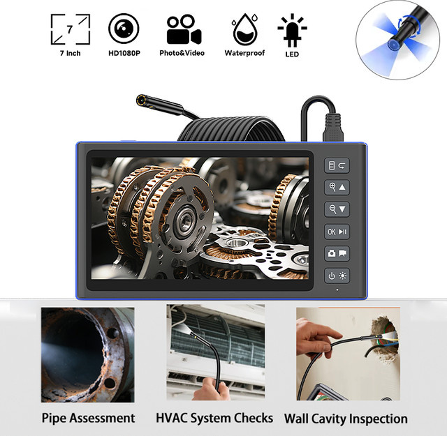 ZYPUSON 1080P HD-Endoskop mit 7 Zoll IPS-Bildschirm und Licht, IP67 wasserdicht, 1-15m Hartkabel, Schwarz - Bild 1