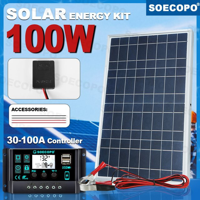 Soecopo Tragbares 100-W-Solarpanel mit 100-A-Controller und Batterieklemmen in Blau zum Laden von 12-V-Batterien für Auto, Wohnmobil und Zuhause - Bild 1