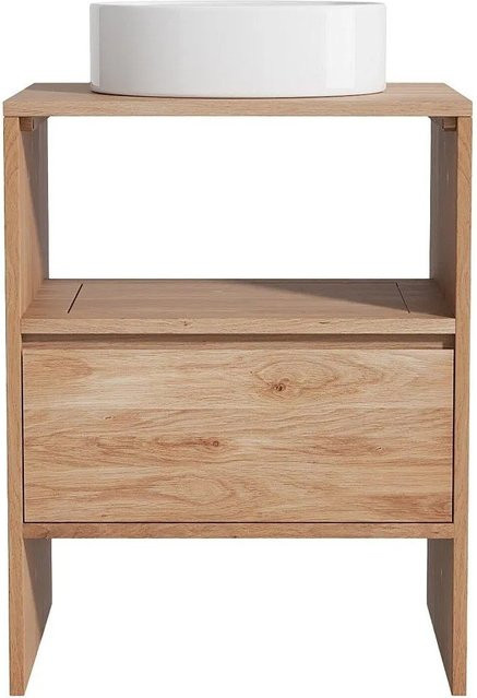 Cavizo Einzelwaschtisch aus Massivholz Eiche und Keramik in Naturfarben Hell, Breite: 60 cm, Tiefe: 50 cm, Höhe: 78 cm - Bild 1
