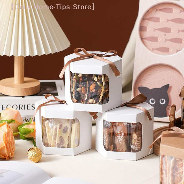 10 Stück sechseckige Kuchenbox-Verpackungen aus Papier mit transparentem PVC-Fenster in Braun für Süßigkeiten und Geburtstagsgeschenke - Bild 1