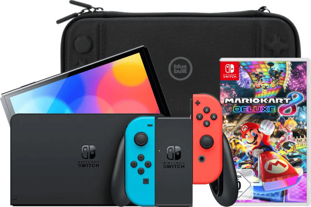 Nintendo Switch OLED Handheld Konsole Blau/Rot inklusive Mario Kart 8 Deluxe und Bluebuilt Travel Case - Bild 1