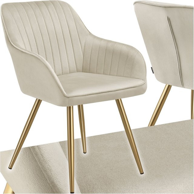 tectake Esszimmerstuhl Marilyn gepolstert in Samtoptik mit Steppmuster und goldenen Stahlbeinen, Farbe Beige Gold, B/T/H: 58 x 62 x 82 cm - Bild 1