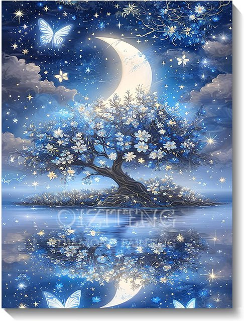 QIZITENG DIY Diamant-Malerei Mond-Baum-Landschaft in Blau, 30 x 40 cm - Bild 1