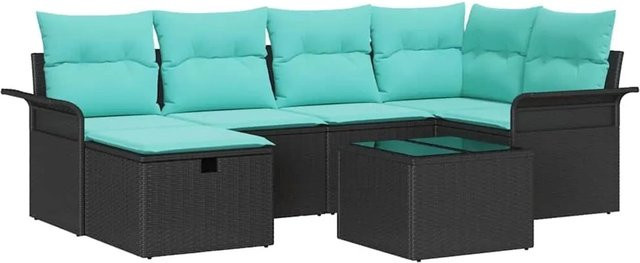 vidaXL Garten-Sofa-Set aus Polyrattan in Schwarz mit 7-teiligem Lounge-Ensemble inklusive Kissen und Ottoman für Terrasse und Garten - Bild 1