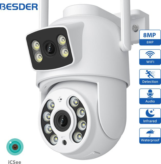BESDER 8MP WiFi PTZ Outdoor Überwachungskamera mit Dual-Bildschirmen, 4MP Sicherheit IP Kamera mit Farb-Nachtsicht und iCSee App, Weiß - Bild 1