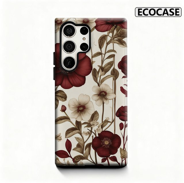 Burgunderrote florale Handyhülle mit glänzender doppellagiger Rückseite für Samsung Galaxy S25 Ultra, S24 und S23 Ultra Plus - Bild 1