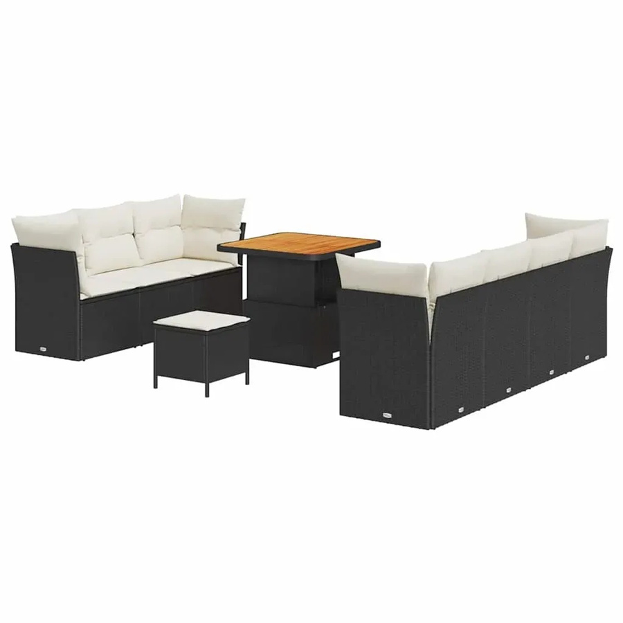 vidaXL 10-teiliges Garten-Sofa-Set in U-Form aus Polyrattan und Akazie mit Kissen in Schwarz und Beige - Bild 2