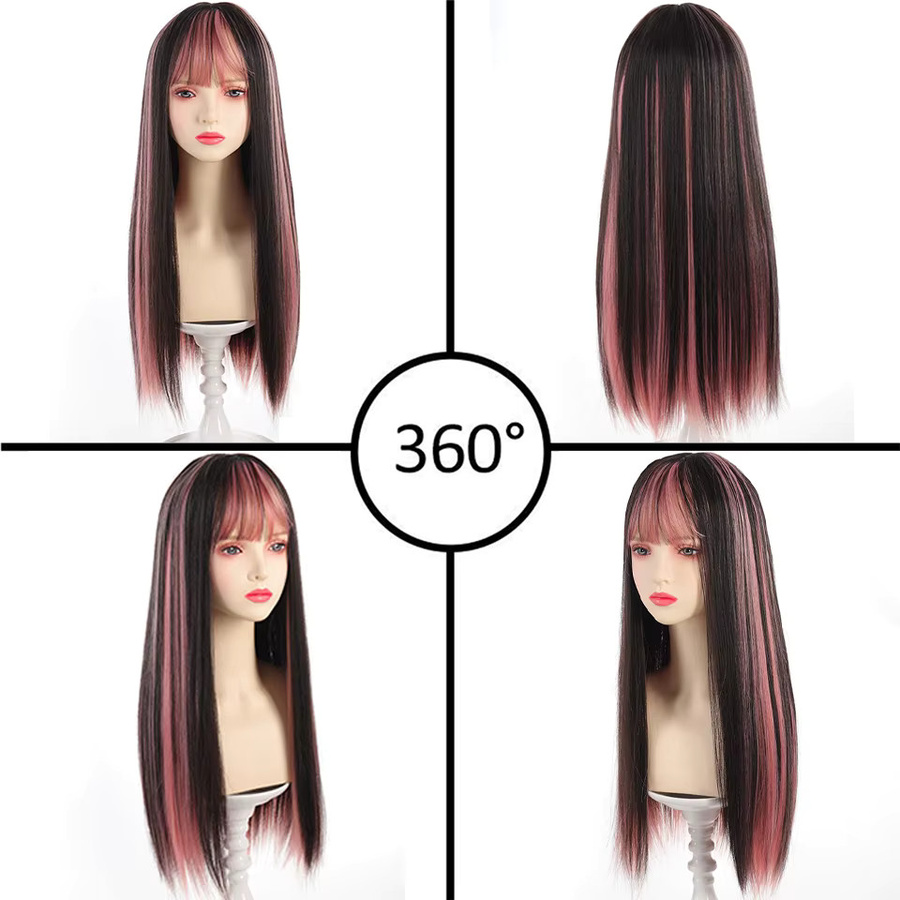 allaosify Cosplay Perücke, schwarz-rosa, lang, glatt, mit Pony, synthetisch - Bild 5