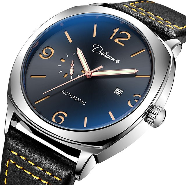 dulunwe Armbanduhr Automatik, Edelstahl, Leder, Blau, Herren - Bild 1